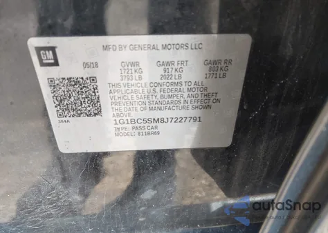 2018 Chevrolet Cruze Ls Auto z USA, uszkodzony, nr VIN 1G1BC5SM8J7227791